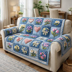 Spring Flowers on Blue Squares Sofa Cover