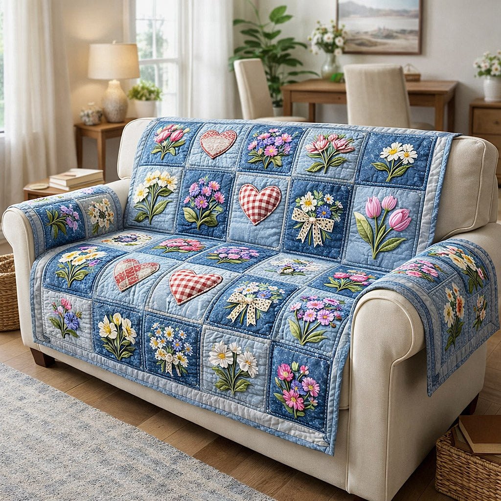 Spring Flowers on Blue Squares Sofa Cover