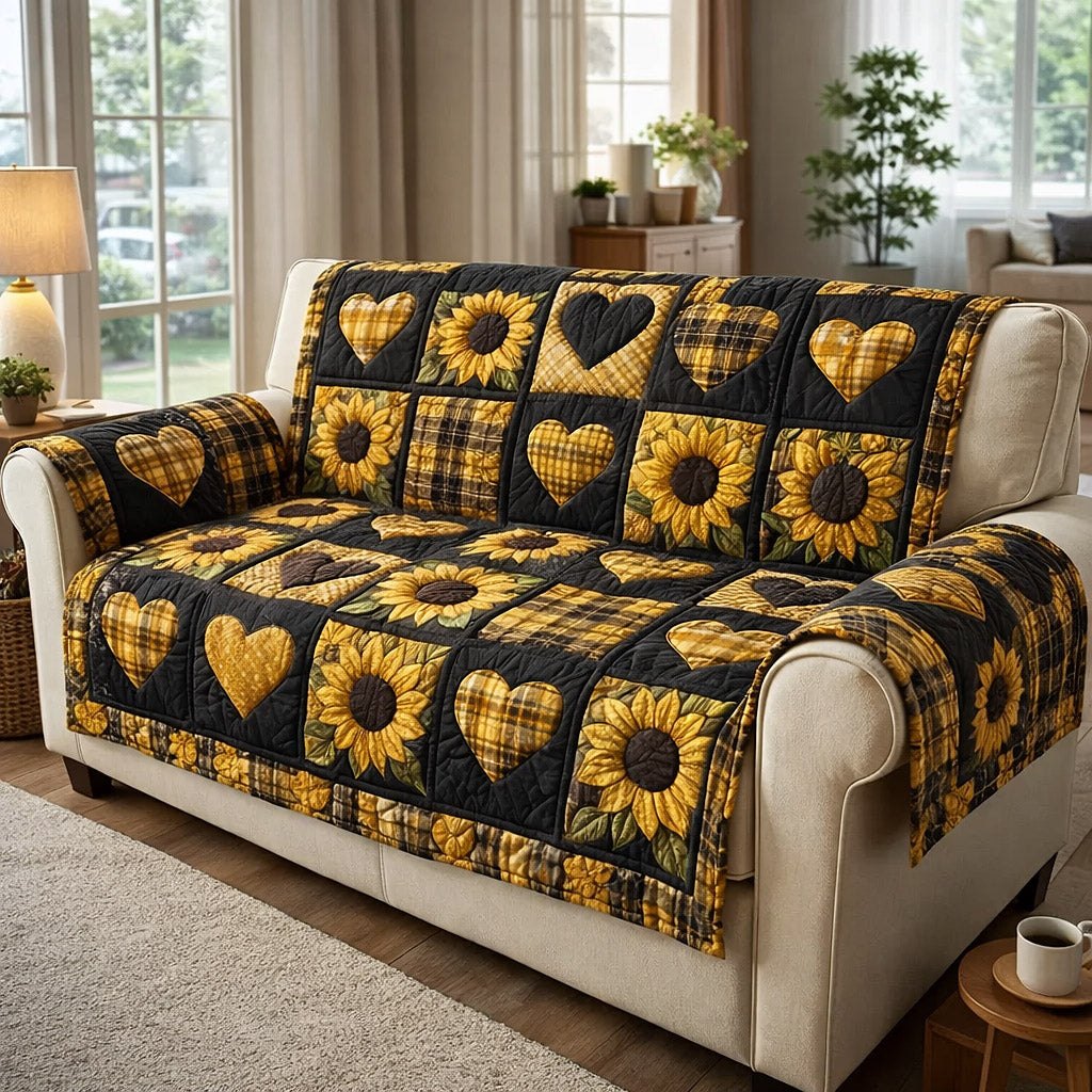 Sunflowers and Hearts on Black Sofa Cover