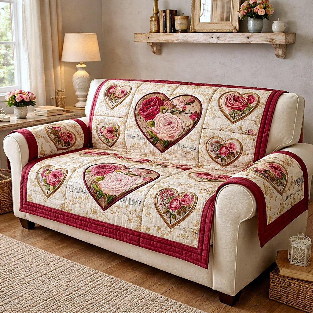 Floral Hearts on Cream and Red Sofa Cover
