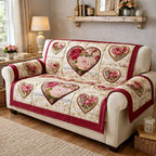 Floral Hearts on Cream and Red Sofa Cover