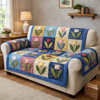 Tulips on Blue and Cream Squares Sofa Cover