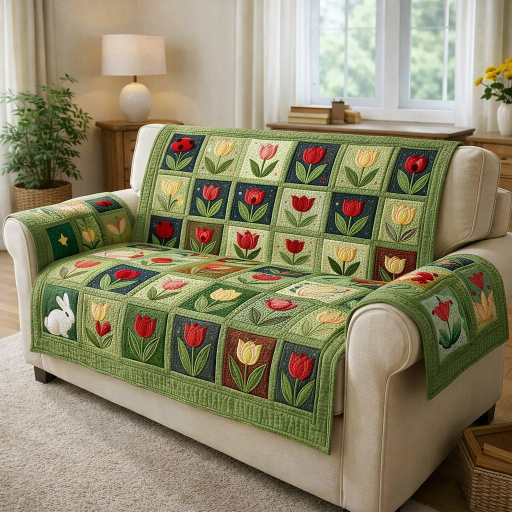 Tulips on Green Garden Squares Sofa Cover