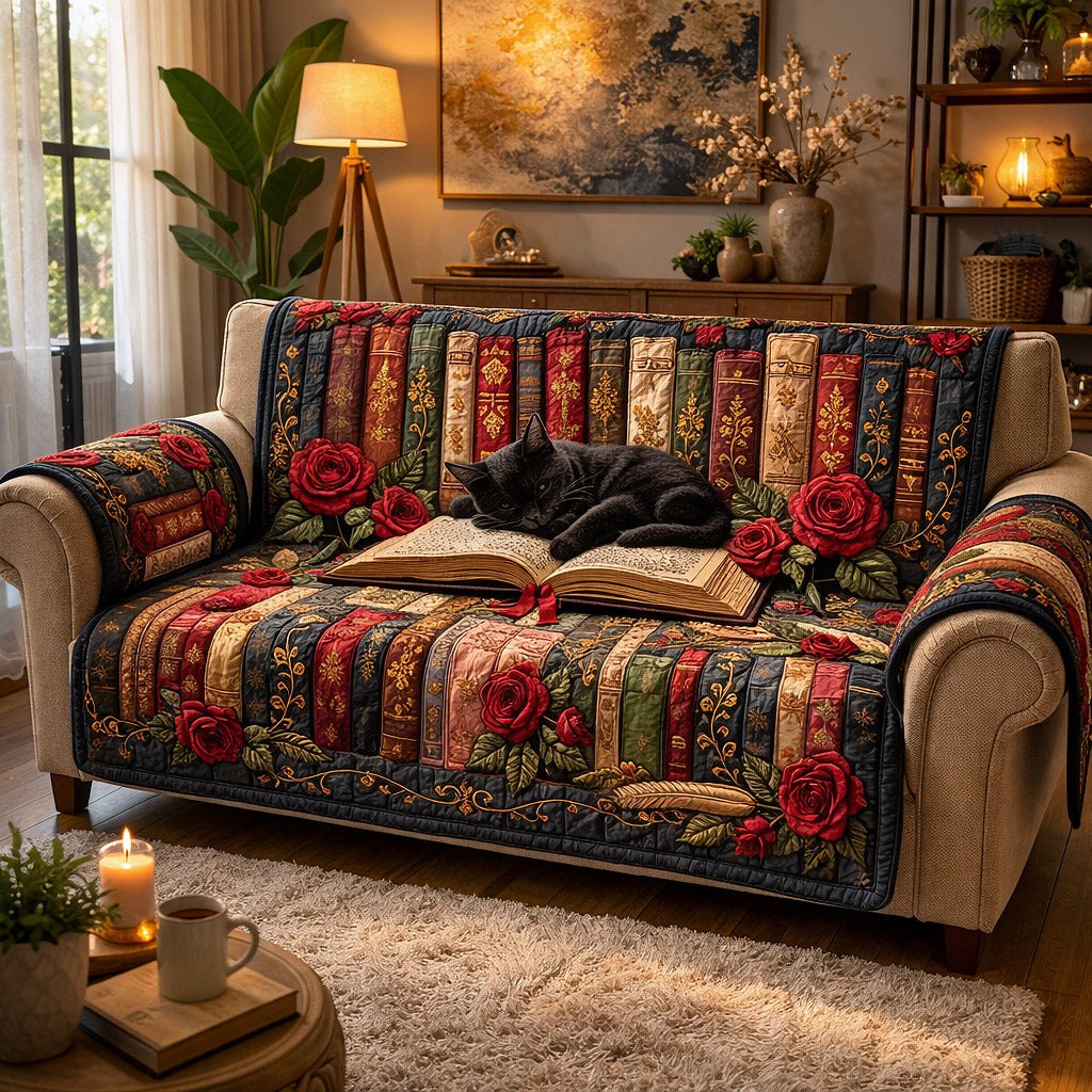 Black Cat and Red Roses on Books Sofa Cover