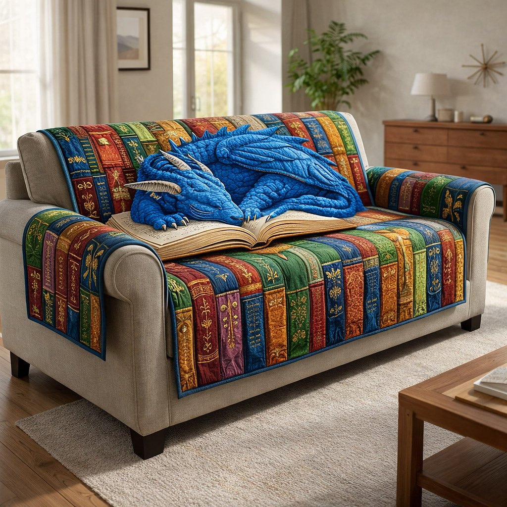 Blue Dragon Curled on an Open Book Sofa Cover