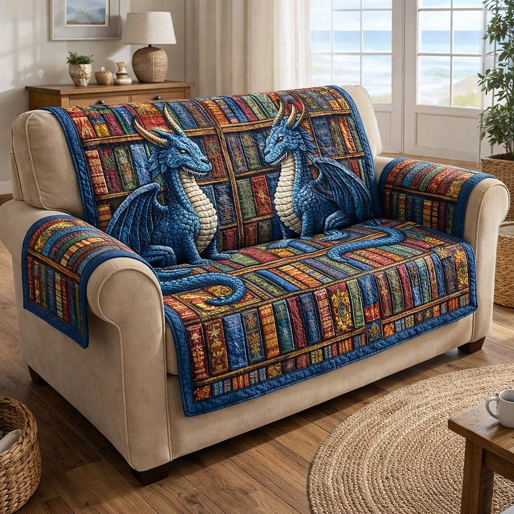 Blue Dragons on the Bookshelf Sofa Cover