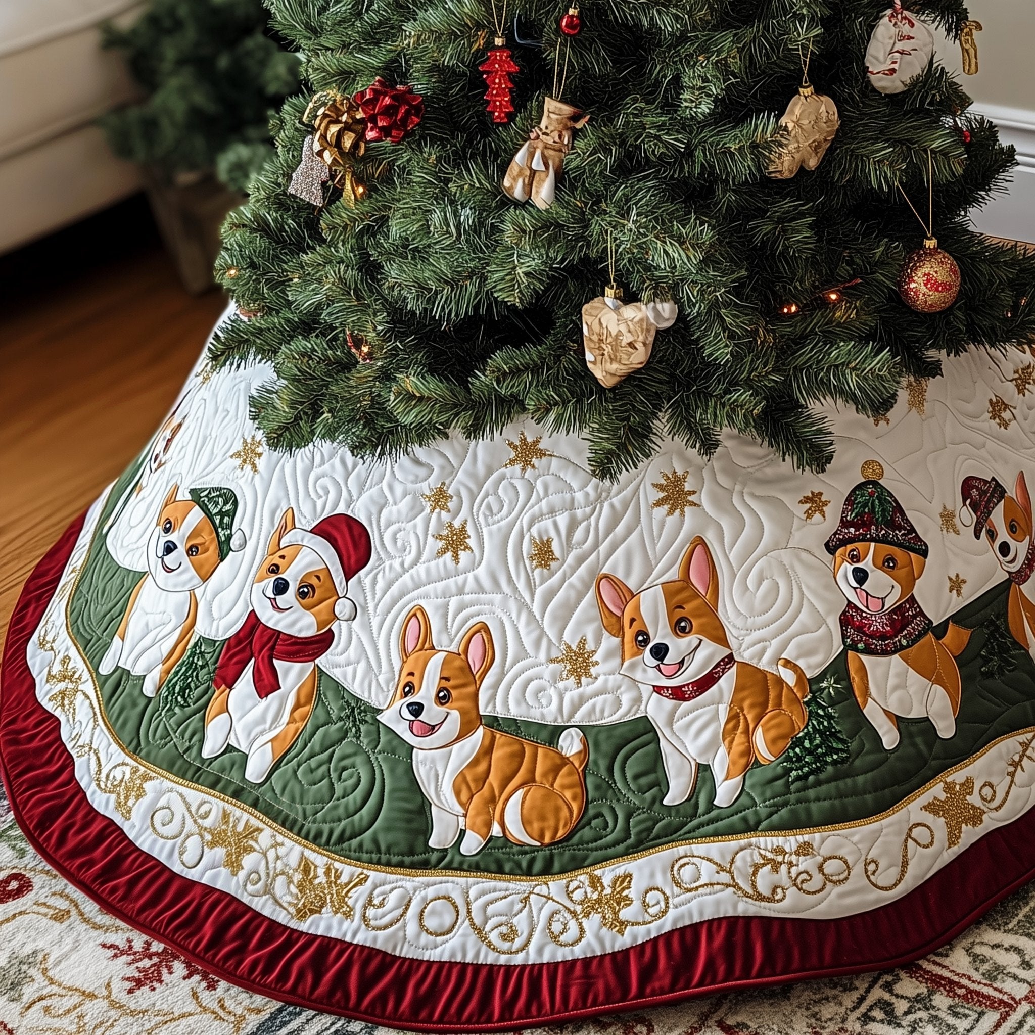 Corgis in Scarves on the Green Hem Christmas Tree Skirt