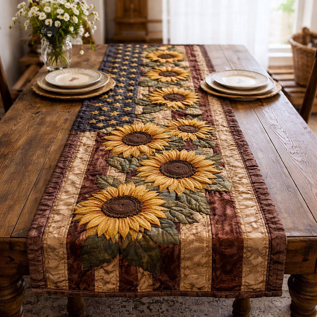 Sunflowers on Patriotic Stripes Table Runner