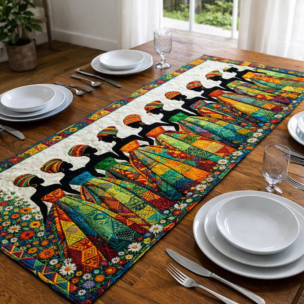 Silhouetted Women in Rainbow Dresses Table Runner