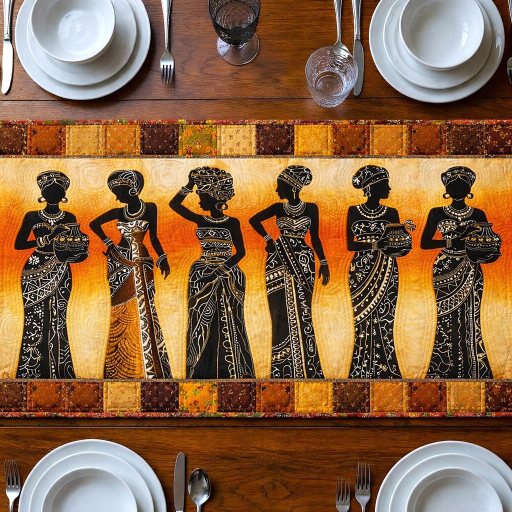 Women Silhouettes on Golden Checks Table Runner