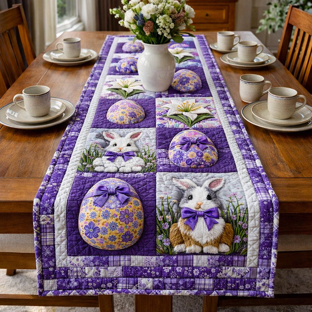 Bunnies and Eggs in Purple Blocks Table Runner