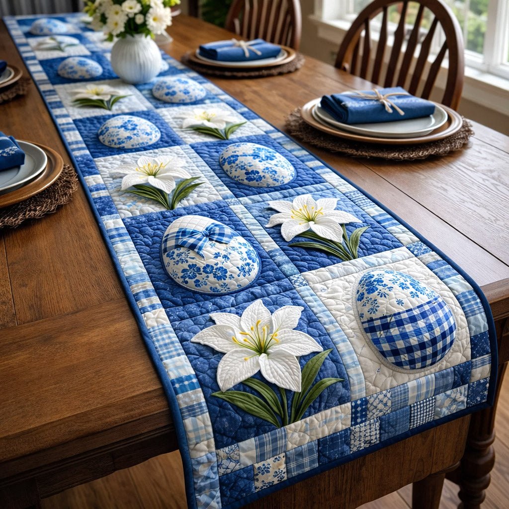Blue Eggs with a White Lily Table Runner