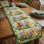 Bunnies and Tulips in Green Blocks Table Runner