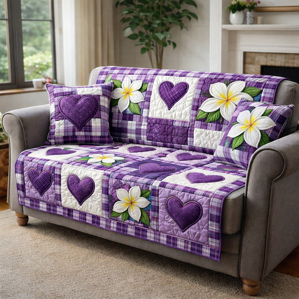 Plumeria and Purple Hearts on Checks Sofa Cover