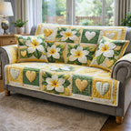 Plumeria on Green and Cream Checks Sofa Cover