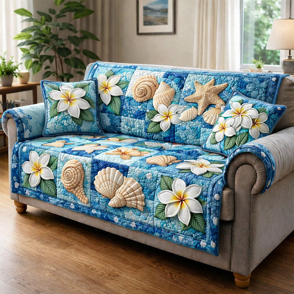 Plumeria and Seashells on Blue Sofa Cover