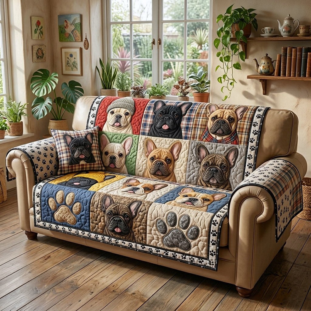 French Bulldogs on Plaid Patches Sofa Cover