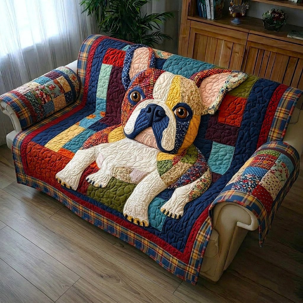 French Bulldog on Bright Patchwork Sofa Cover