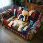 French Bulldog on Bright Patchwork Sofa Cover