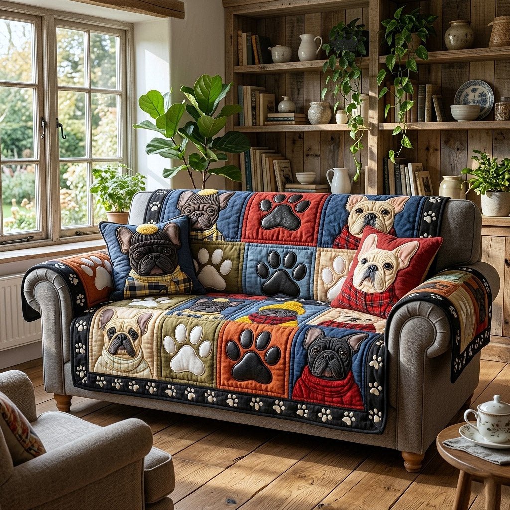 Pugs and Paw Prints on Patchwork Sofa Cover