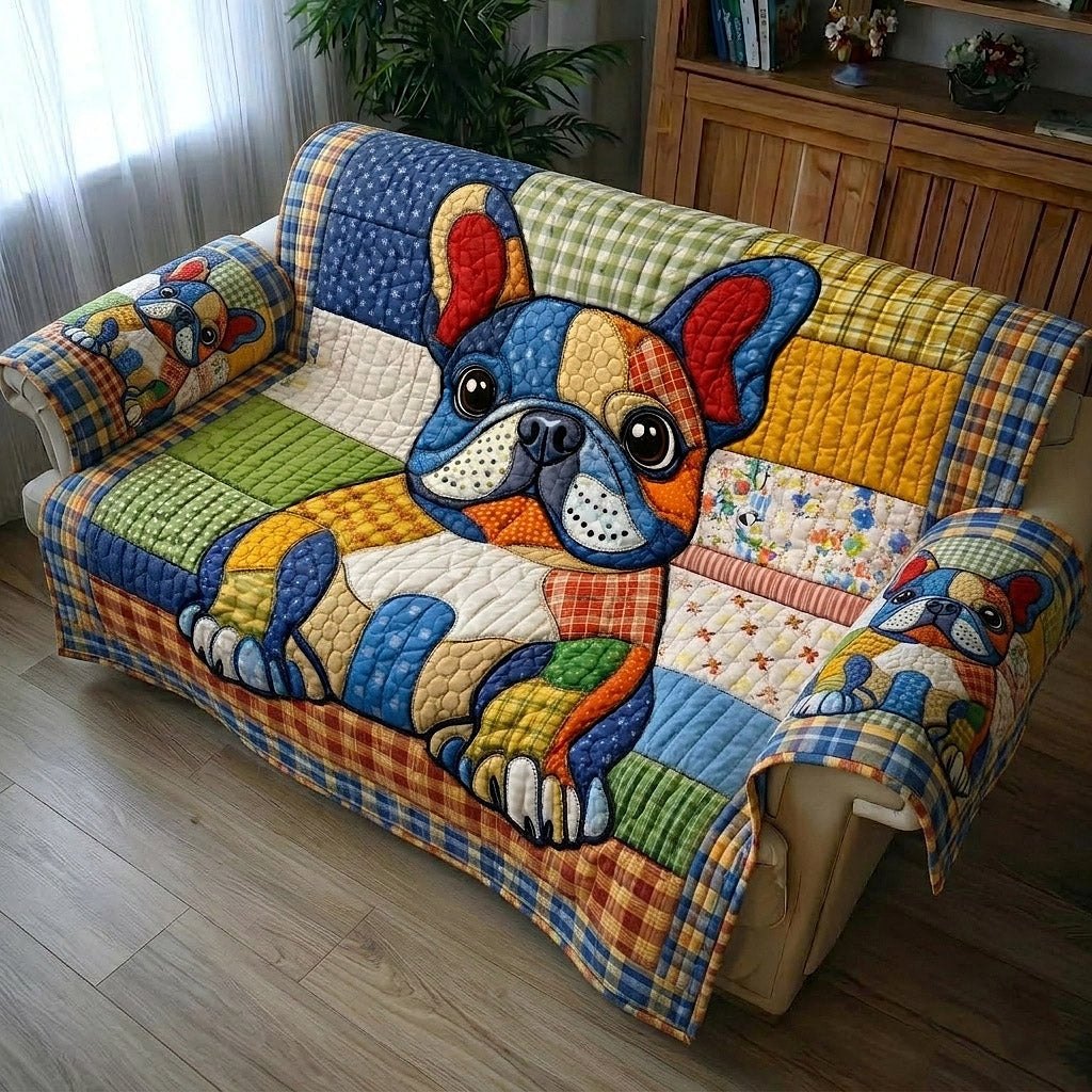 Folk Art Bulldog on Bright Patches Sofa Cover