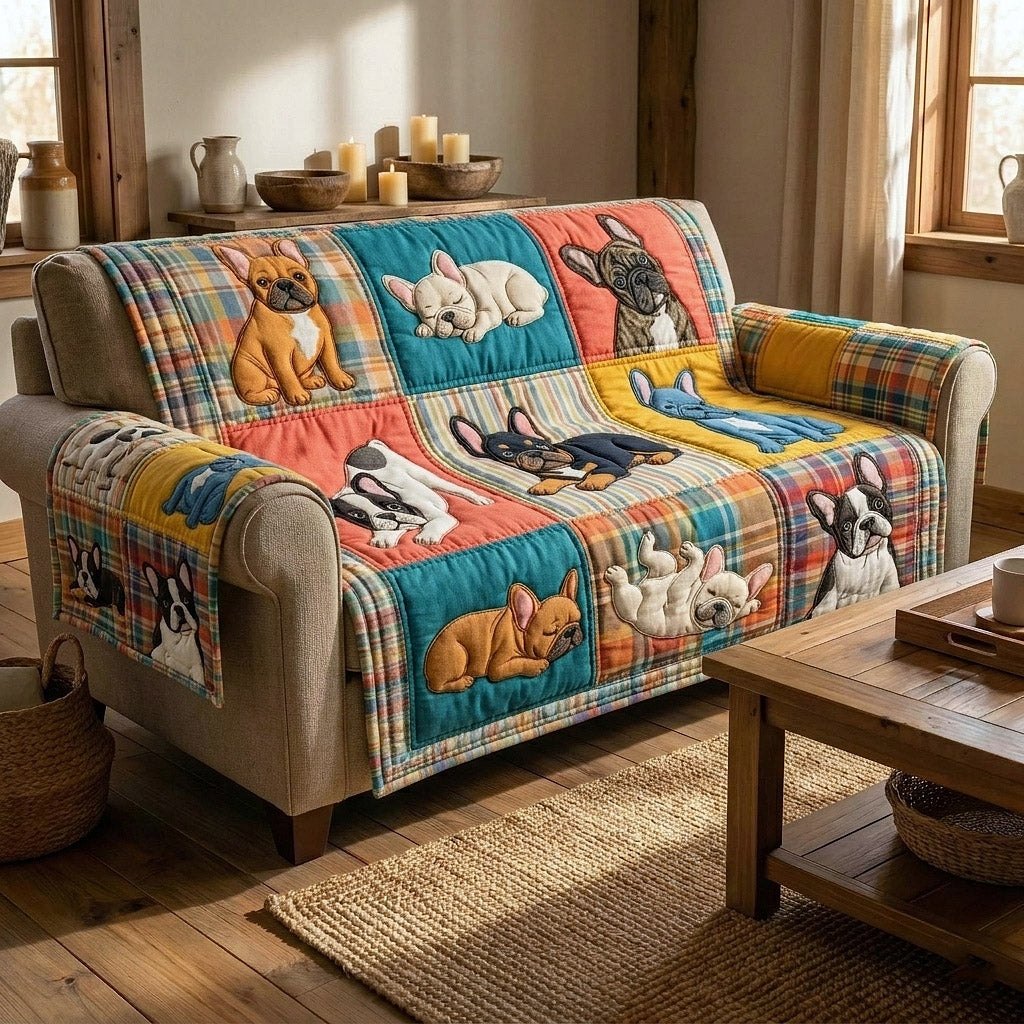 French Bulldogs on Blue Patches Sofa Cover