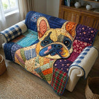 Bulldog Face on Colorful Patchwork Sofa Cover