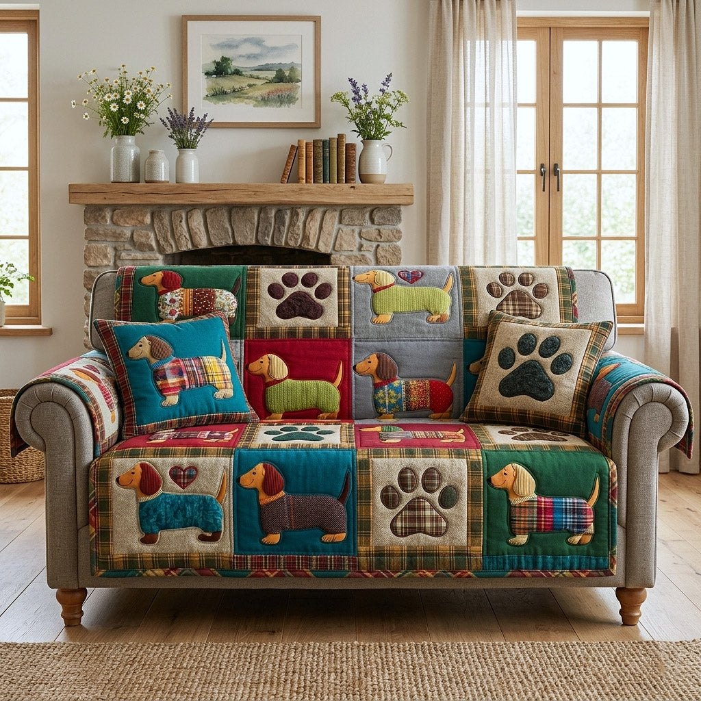 Dachshund and Paw Print Sampler Sofa Cover