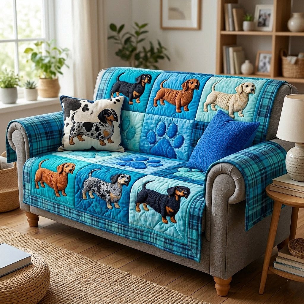 Dachshund Pack on Bright Blue Sofa Cover