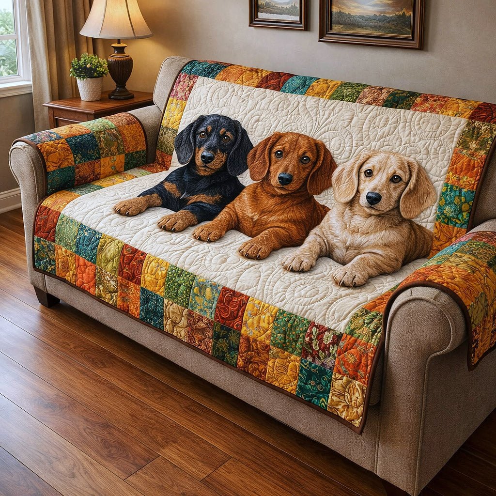 Three Dachshunds on Cream Quilt Sofa Cover