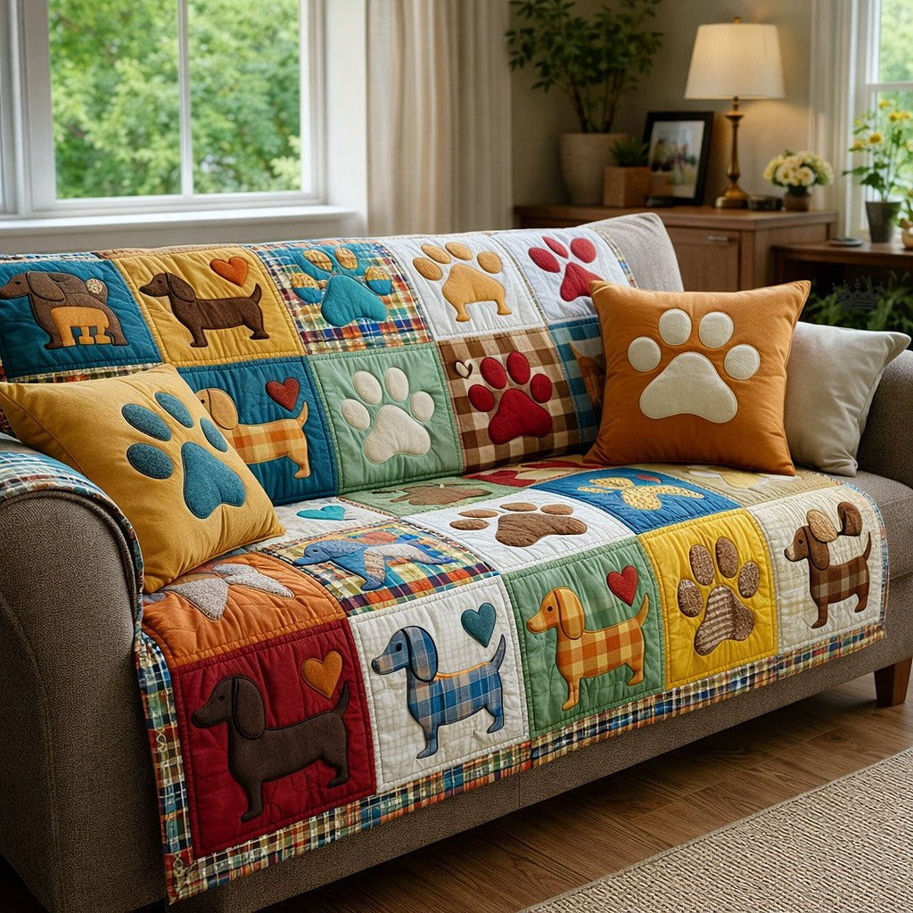 Dachshund Paw Print Plaid Blocks Sofa Cover