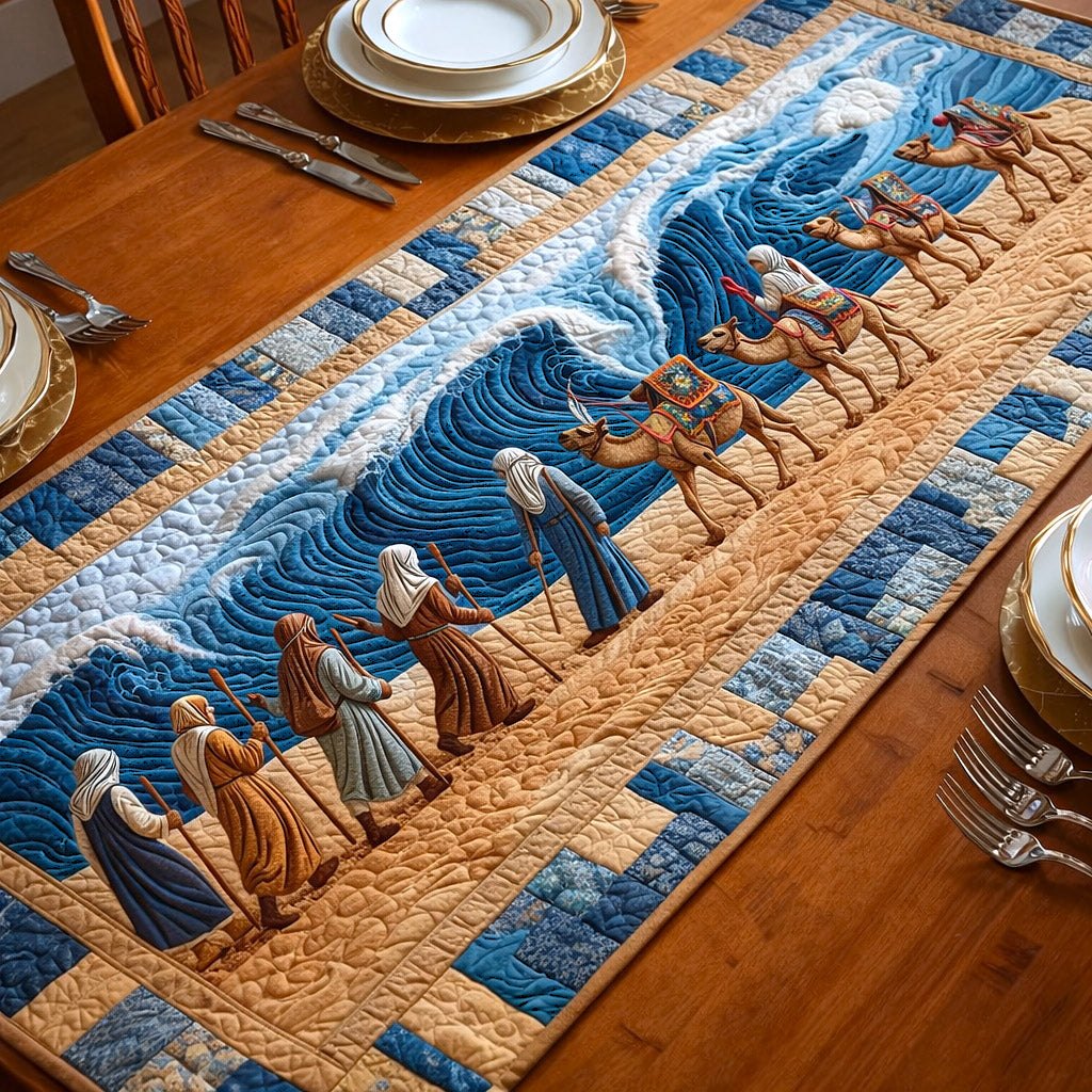 Travelers Along Blue and Gold Stripes Table Runner