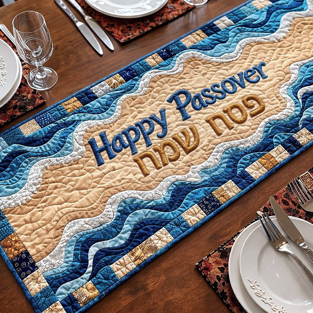 Happy Passover with Blue Waves Table Runner