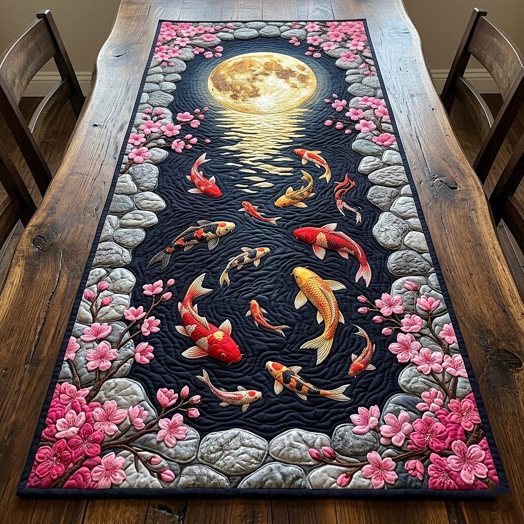 Koi and Cherry Blossoms on Black Table Runner