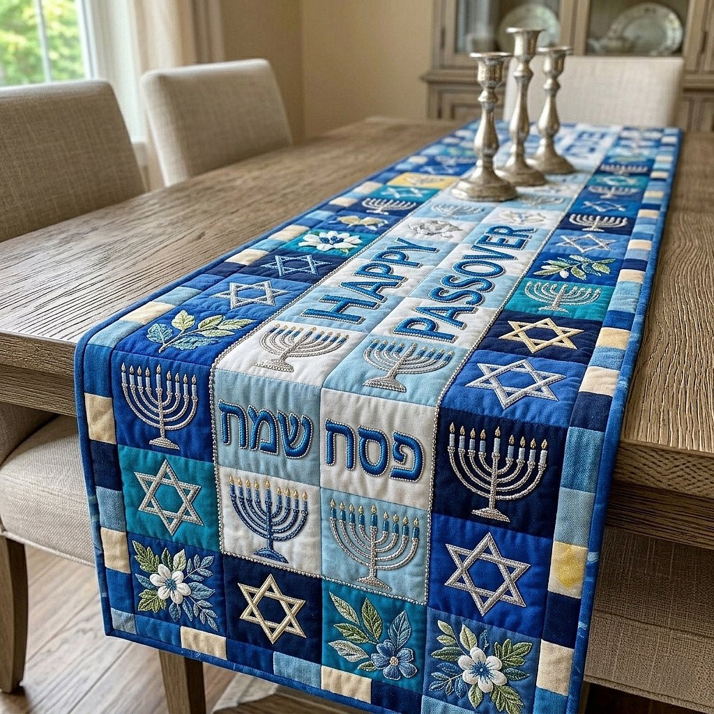 Happy Passover Menorah Blocks Table Runner