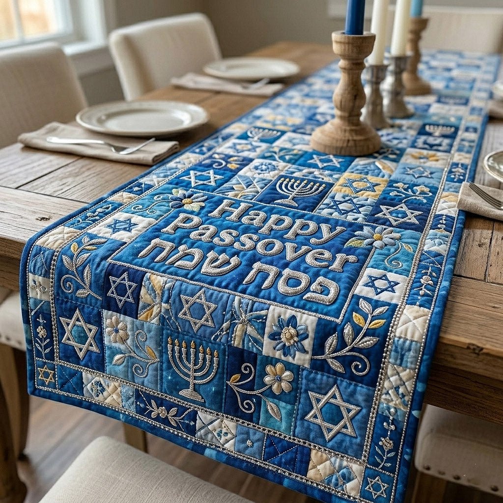 Happy Passover on Blue Patchwork Table Runner