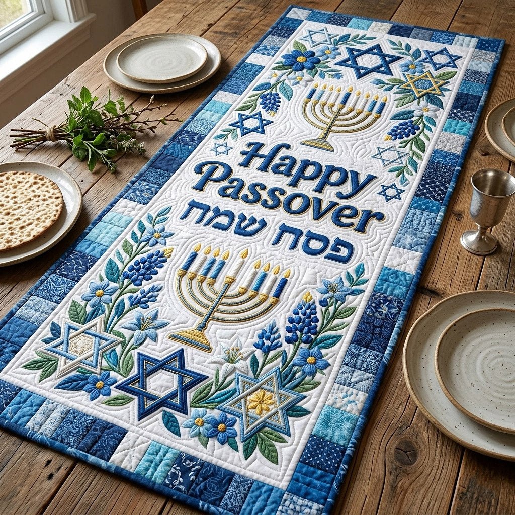 Happy Passover with Menorah and Star Table Runner
