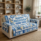 Happy Passover on Blue Floral Quilt Sofa Cover