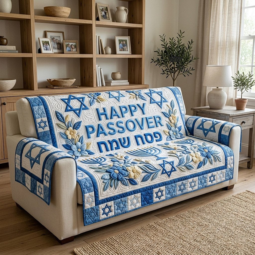 Happy Passover on Blue Floral Quilt Sofa Cover