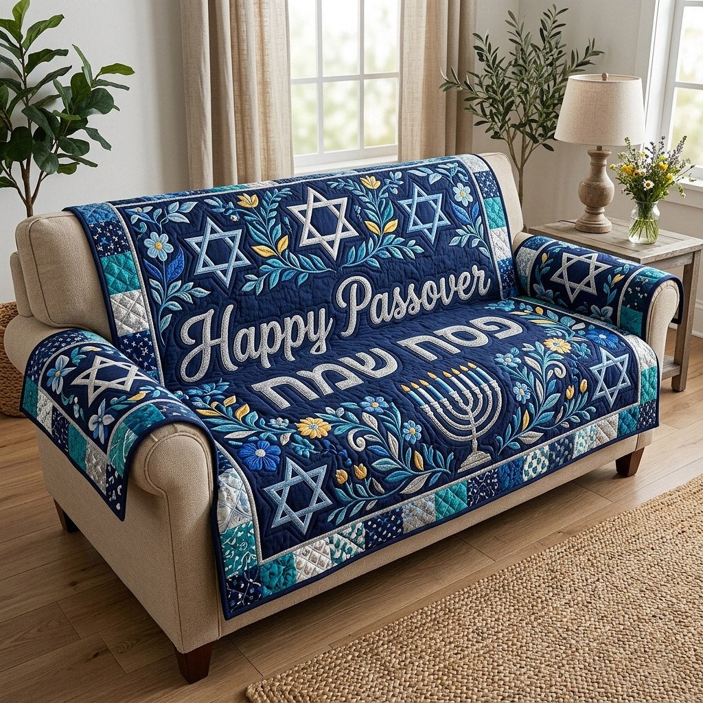 Happy Passover on Navy Star Quilt Sofa Cover
