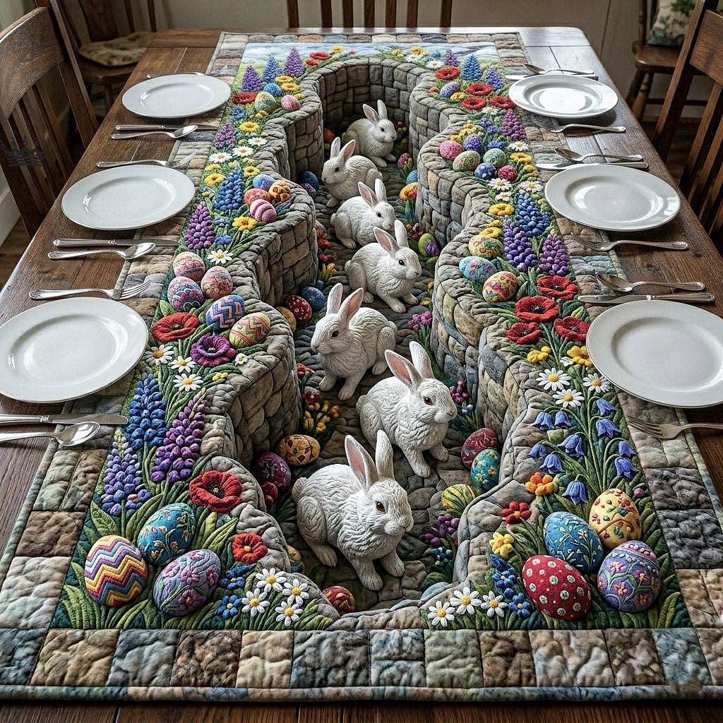 Bunnies Among Stone Wall Flowers Table Runner
