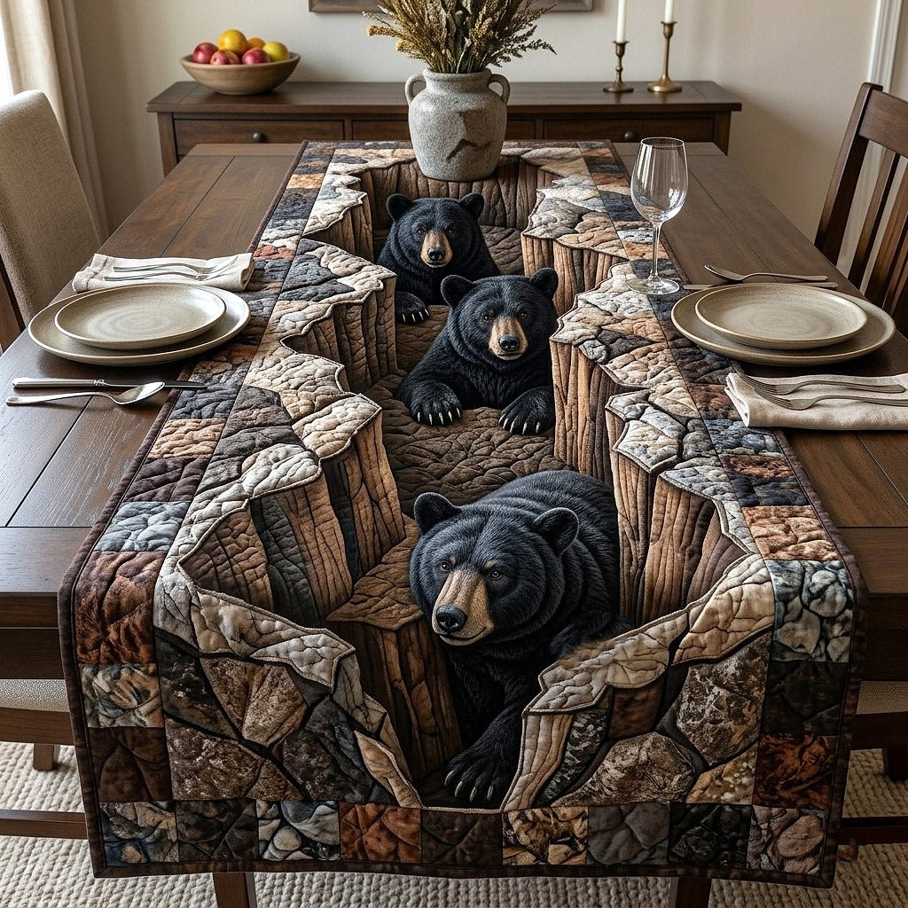 Black Bears Among Wooden Logs Table Runner