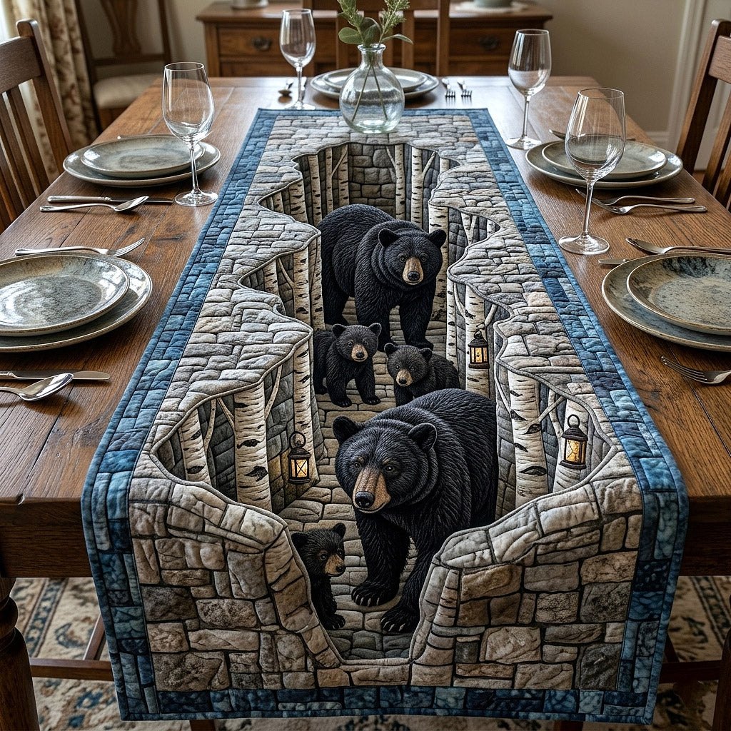 Black Bears on a Stone Wall Table Runner