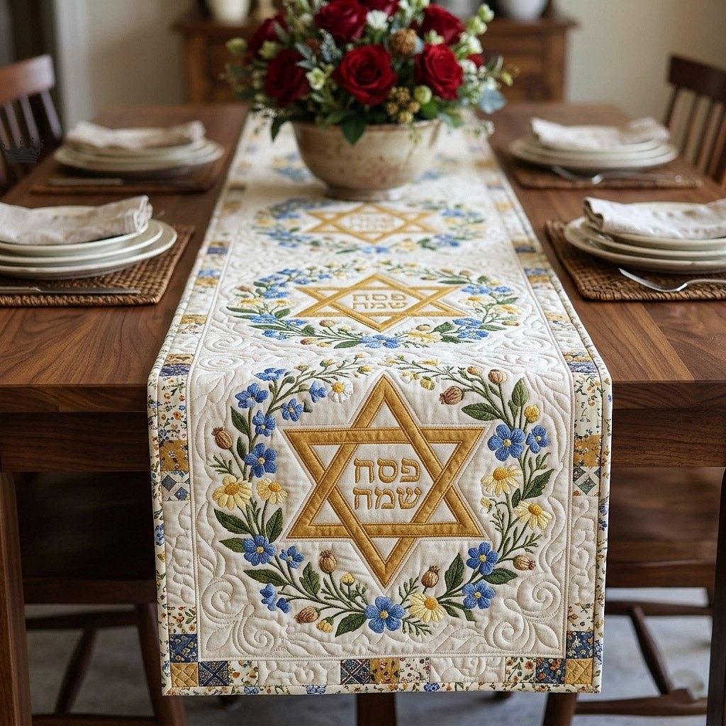 Star of David with Blue Flowers Table Runner