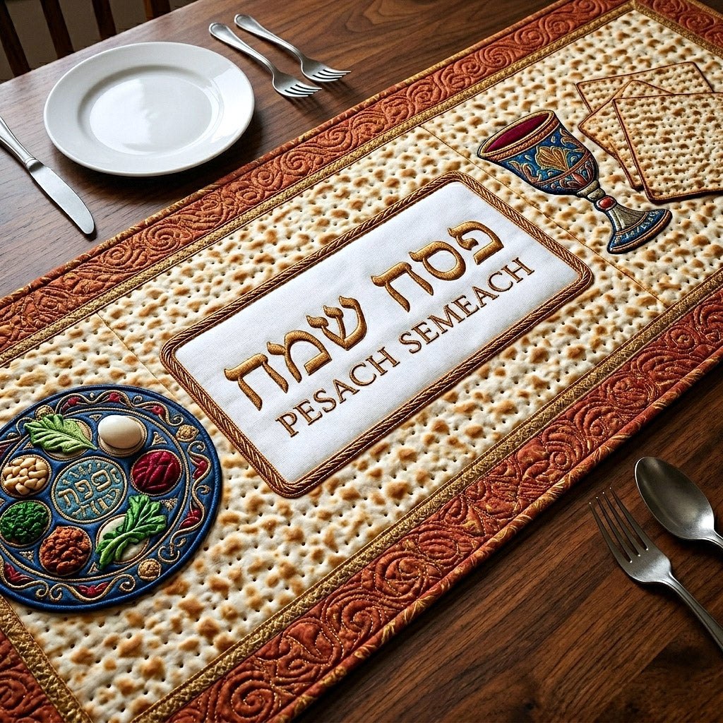 Pesach Semeach Matzah and Seder Plate Table Runner