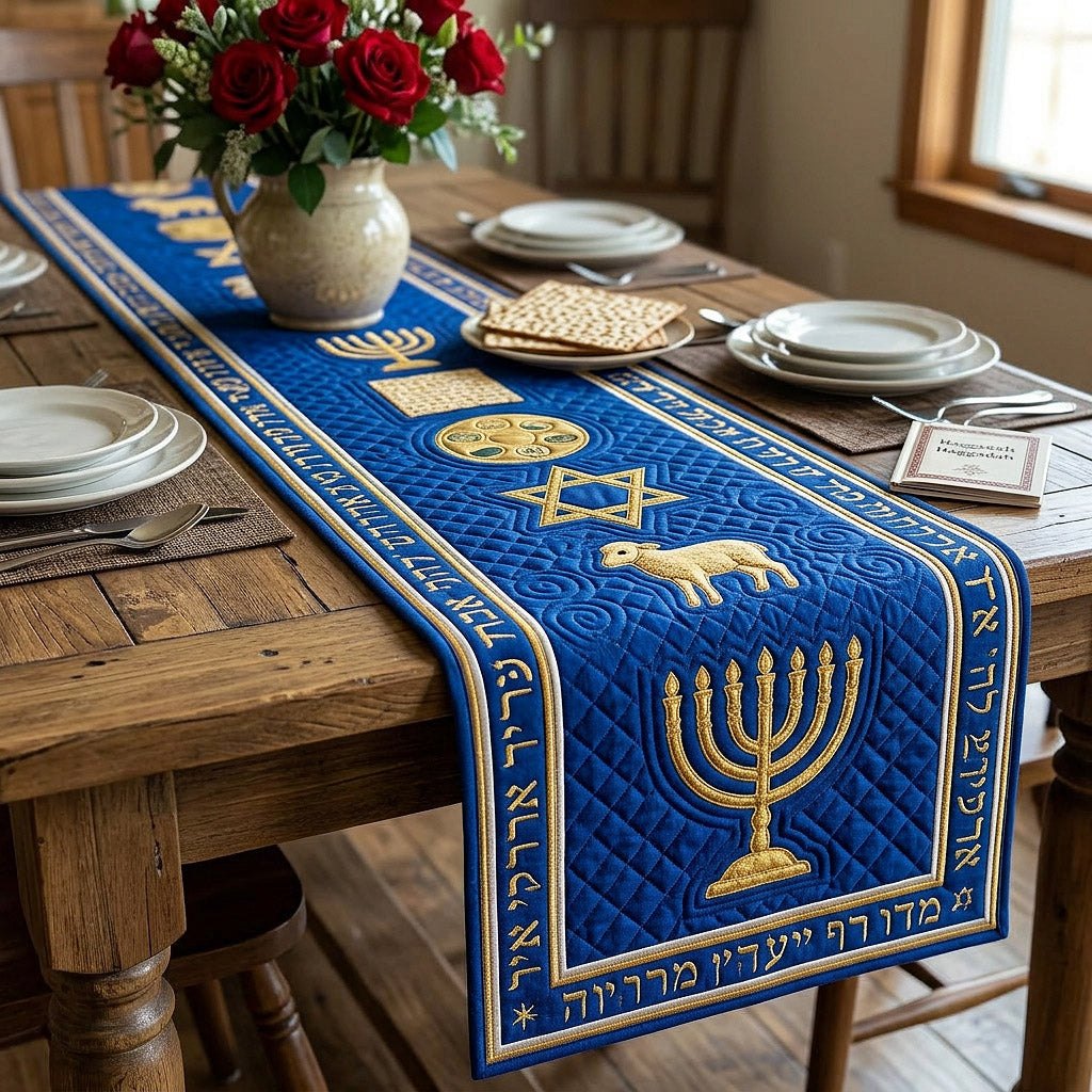 Gold Menorah on Royal Blue Table Runner