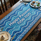 Happy Passover Blue Mosaic Waves Table Runner