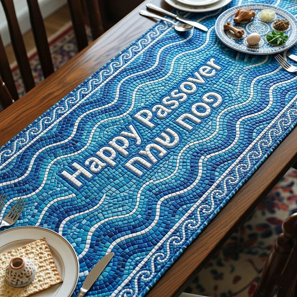 Happy Passover Blue Mosaic Waves Table Runner