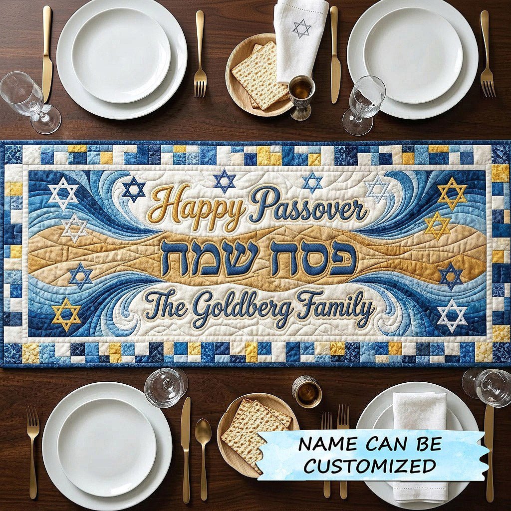 Happy Passover on Blue Mosaic Table Runner