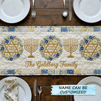 Menorahs and Stars with Family Name Table Runner